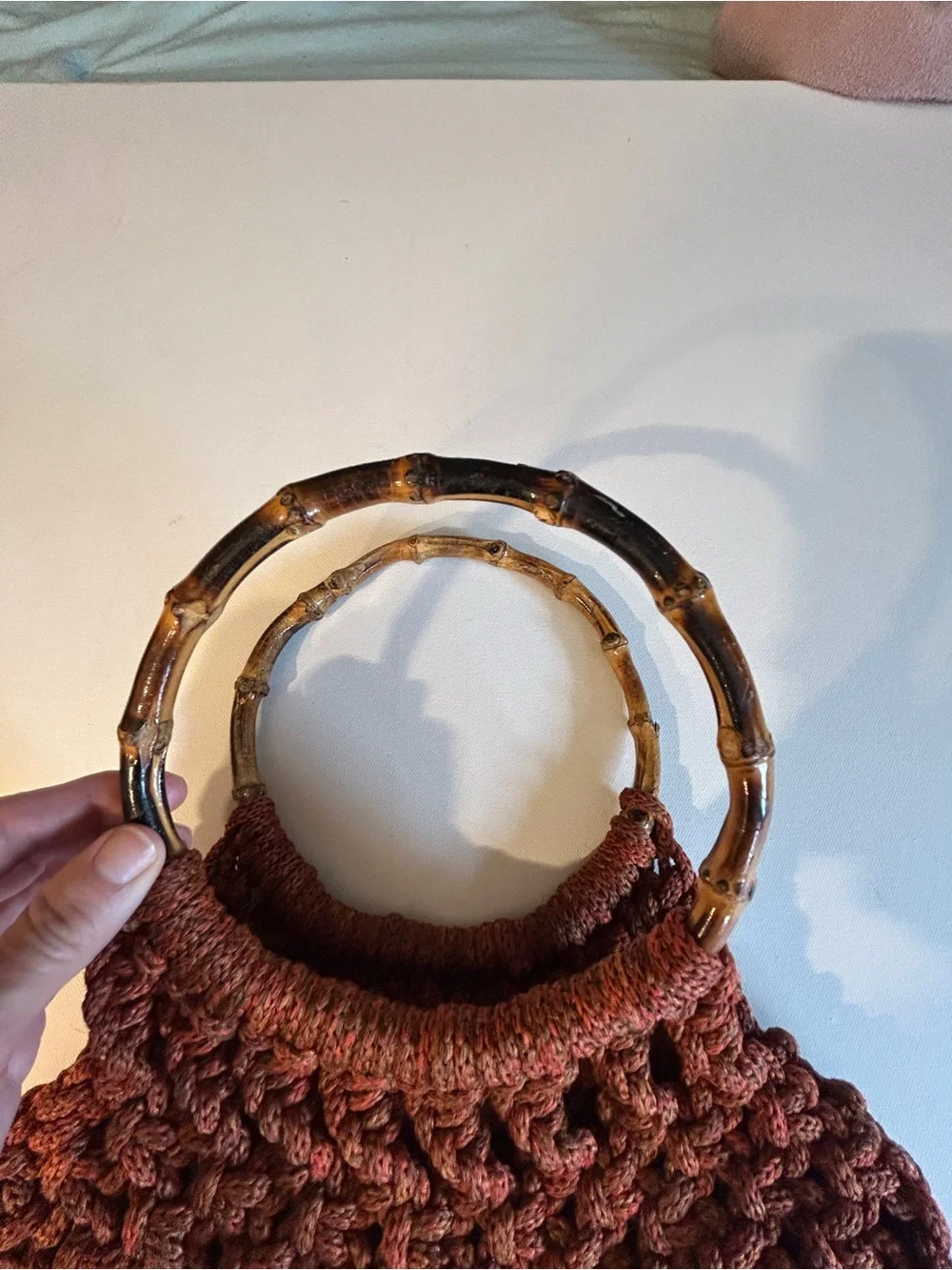 Handmade‎ Crochet Bamboo Handle Handbag Boho Rustic Purse Brown Wood Bead Accent